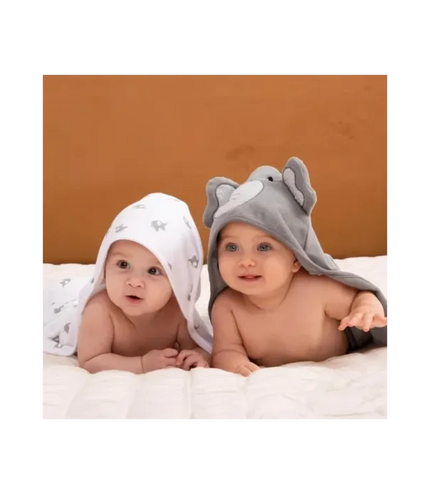 Momcozy Baby Hooded Towel - 2x Hooded Towels & 6 Washcloths Grey/White