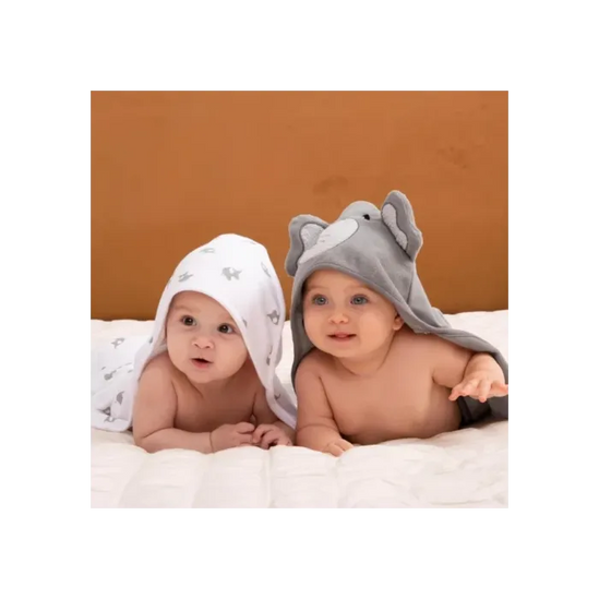 Momcozy Baby Hooded Towel - 2x Hooded Towels & 6 Washcloths Grey/White