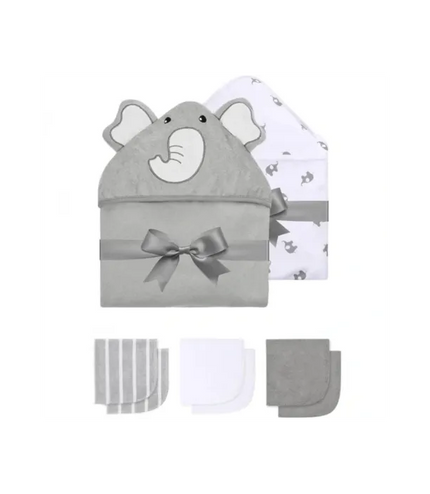 Momcozy Baby Hooded Towel - 2x Hooded Towels & 6 Washcloths Grey/White