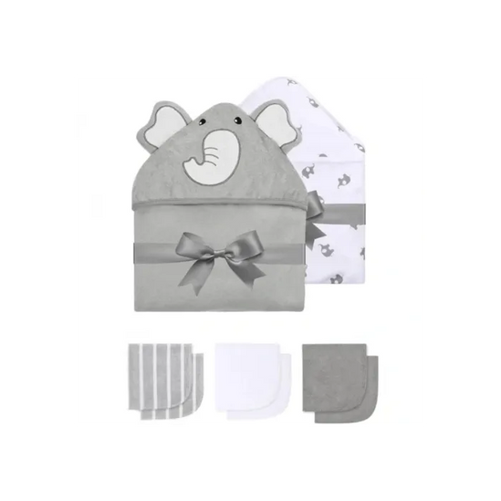 Momcozy Baby Hooded Towel - 2x Hooded Towels & 6 Washcloths Grey/White